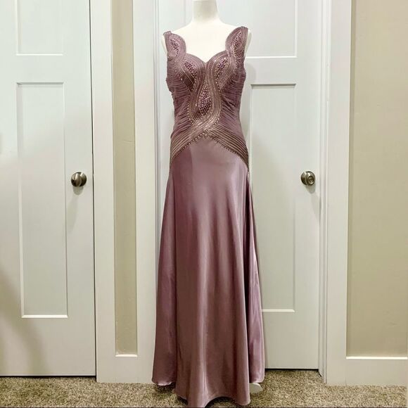 New Elegant Satin Sequins & Beads Evening Dress - Picture 1 of 11